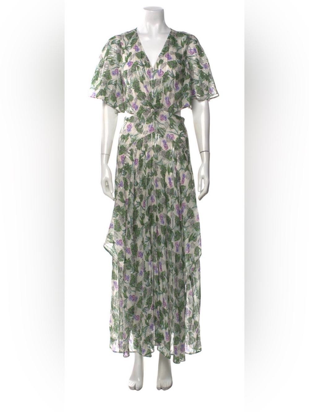 Maje Floral V-Neck long Dress in Green purple white